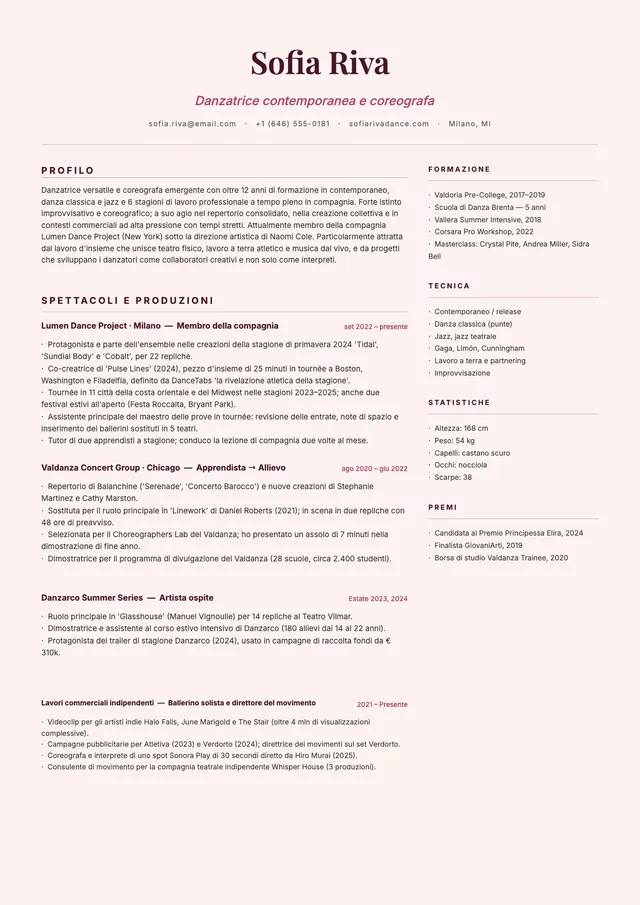 Modello di curriculum per ballerini