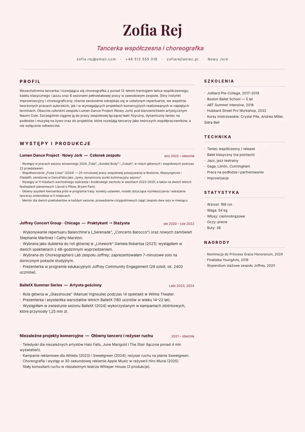 Szablon CV tancerza