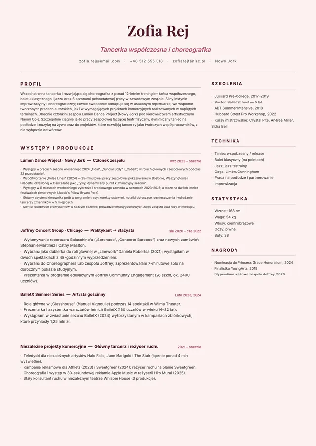Szablon CV tancerza