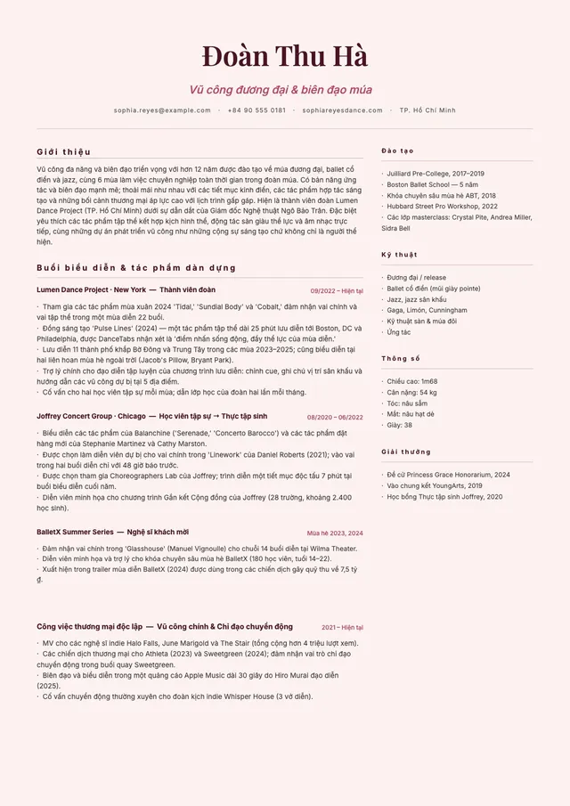 Mẫu CV xin việc vũ công
