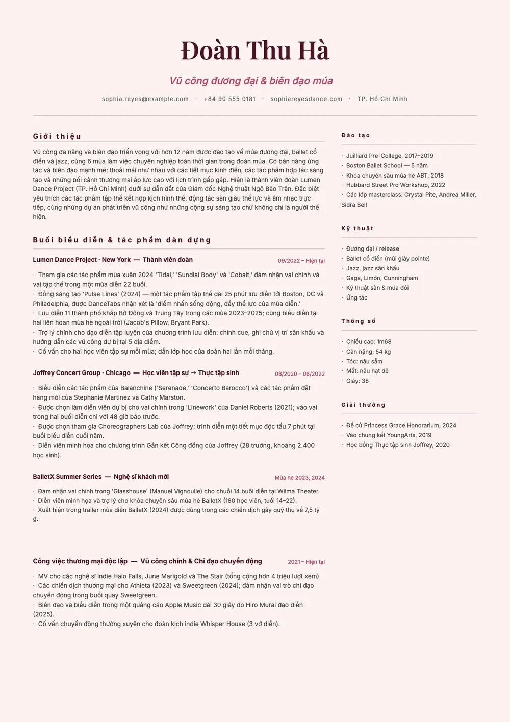 Mẫu CV xin việc vũ công