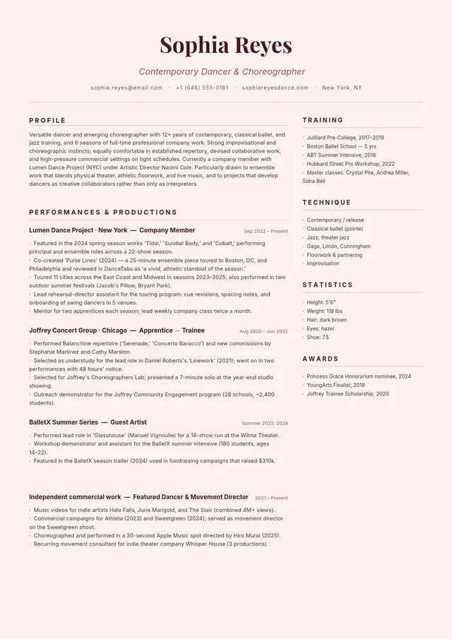 dance-resume form