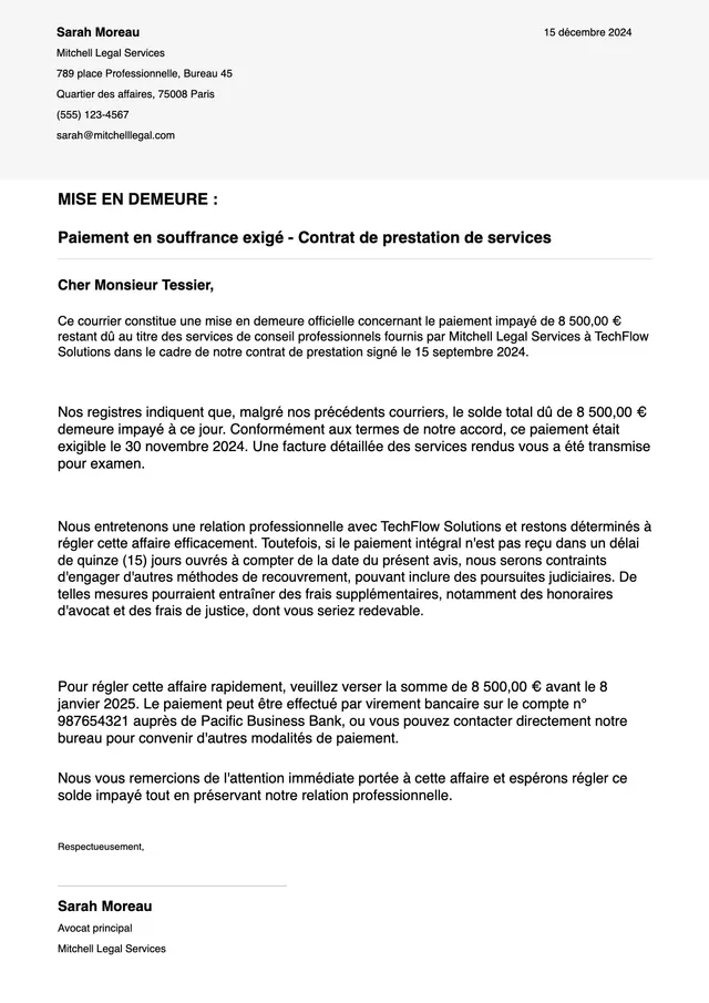 Modèle de lettre de mise en demeure