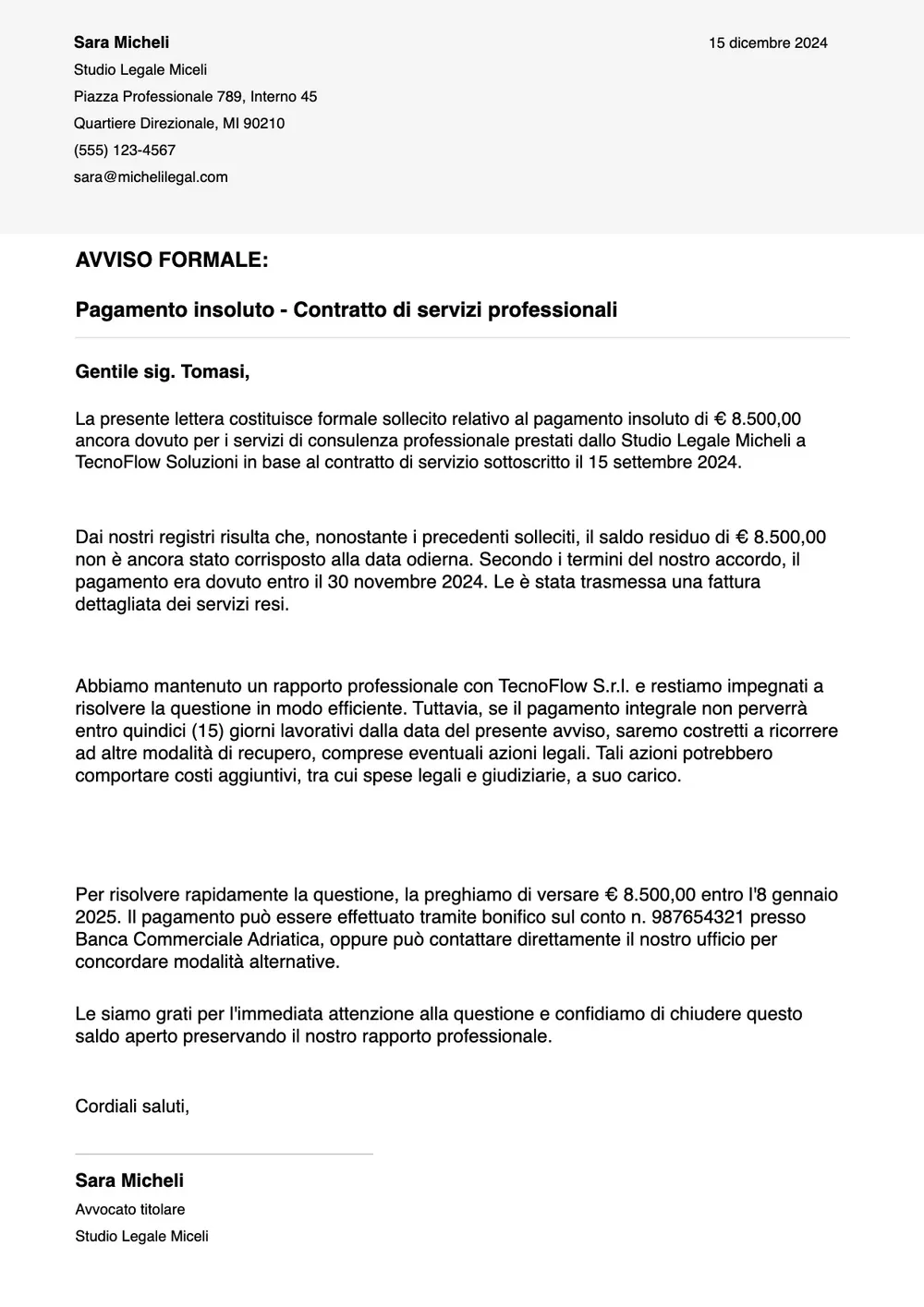 Modello di lettera di messa in mora