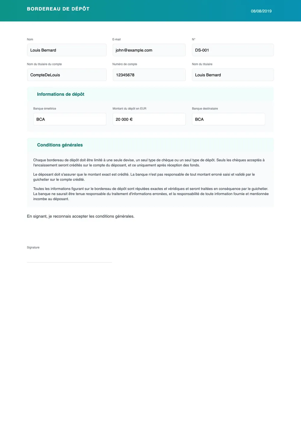 Modèle de bordereau de dépôt