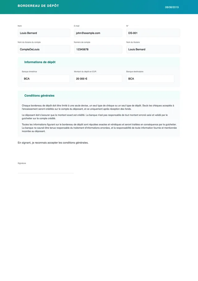 Modèle de bordereau de dépôt