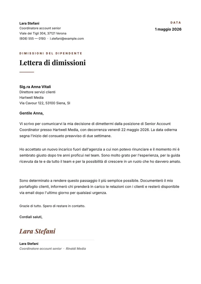 Lettera di dimissioni del dipendente