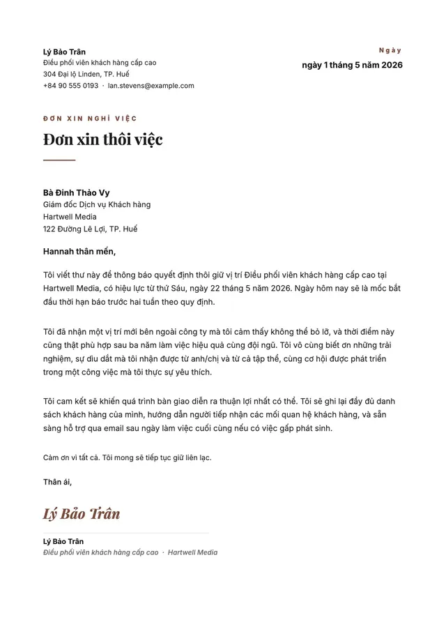 Đơn xin nghỉ việc của nhân viên