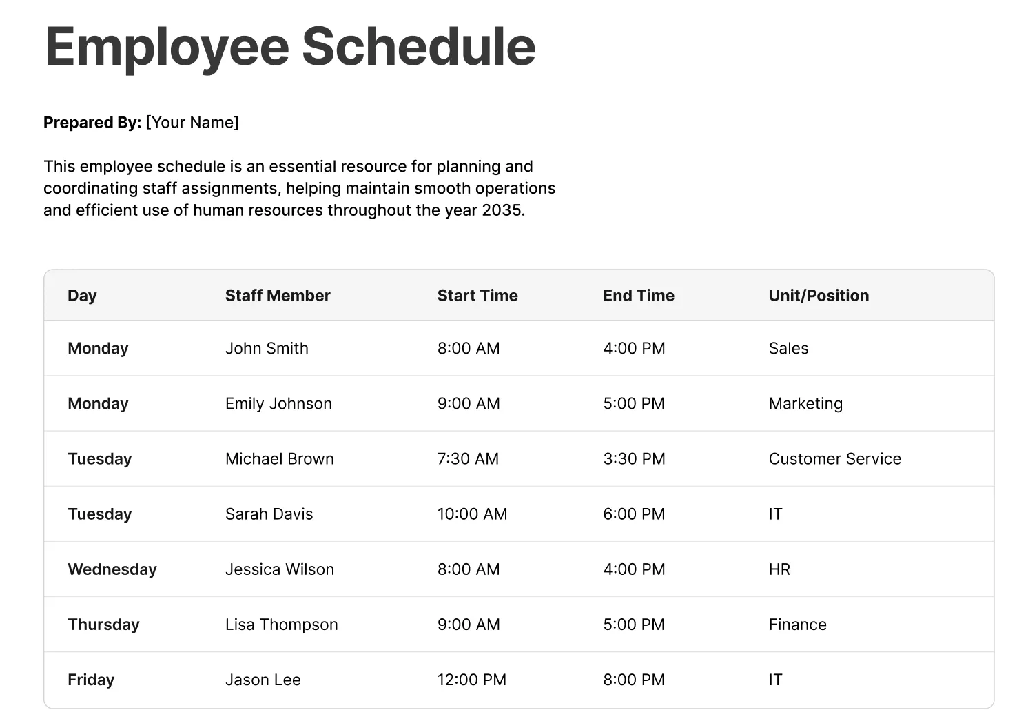 employee schedule