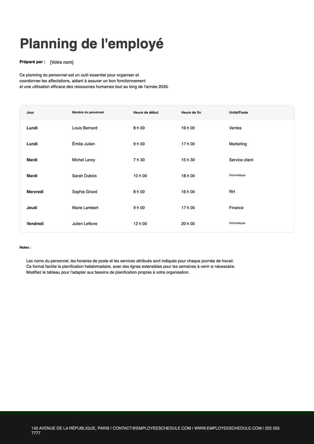 Modèle de planning du personnel