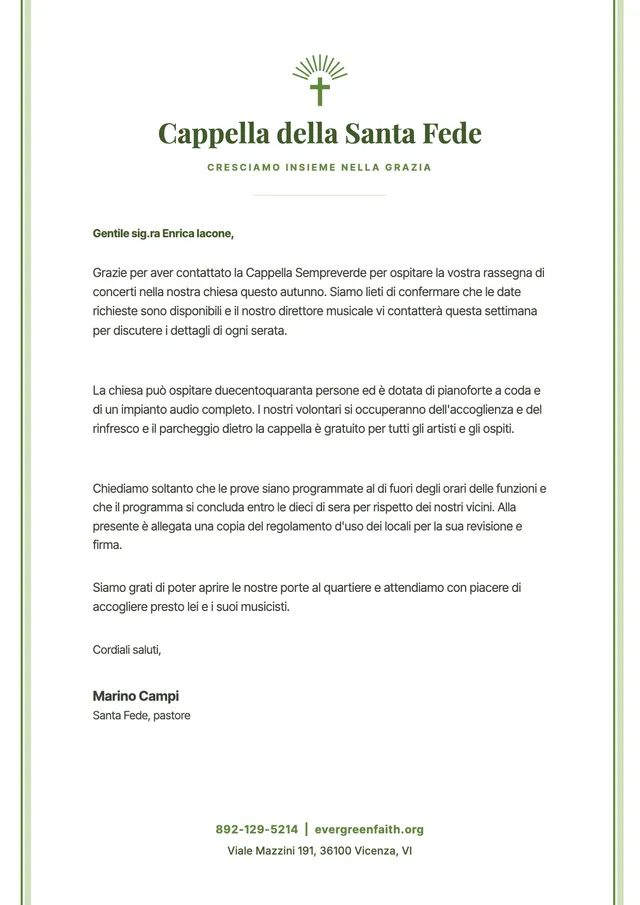 Modello di carta intestata per chiesa sempreverde