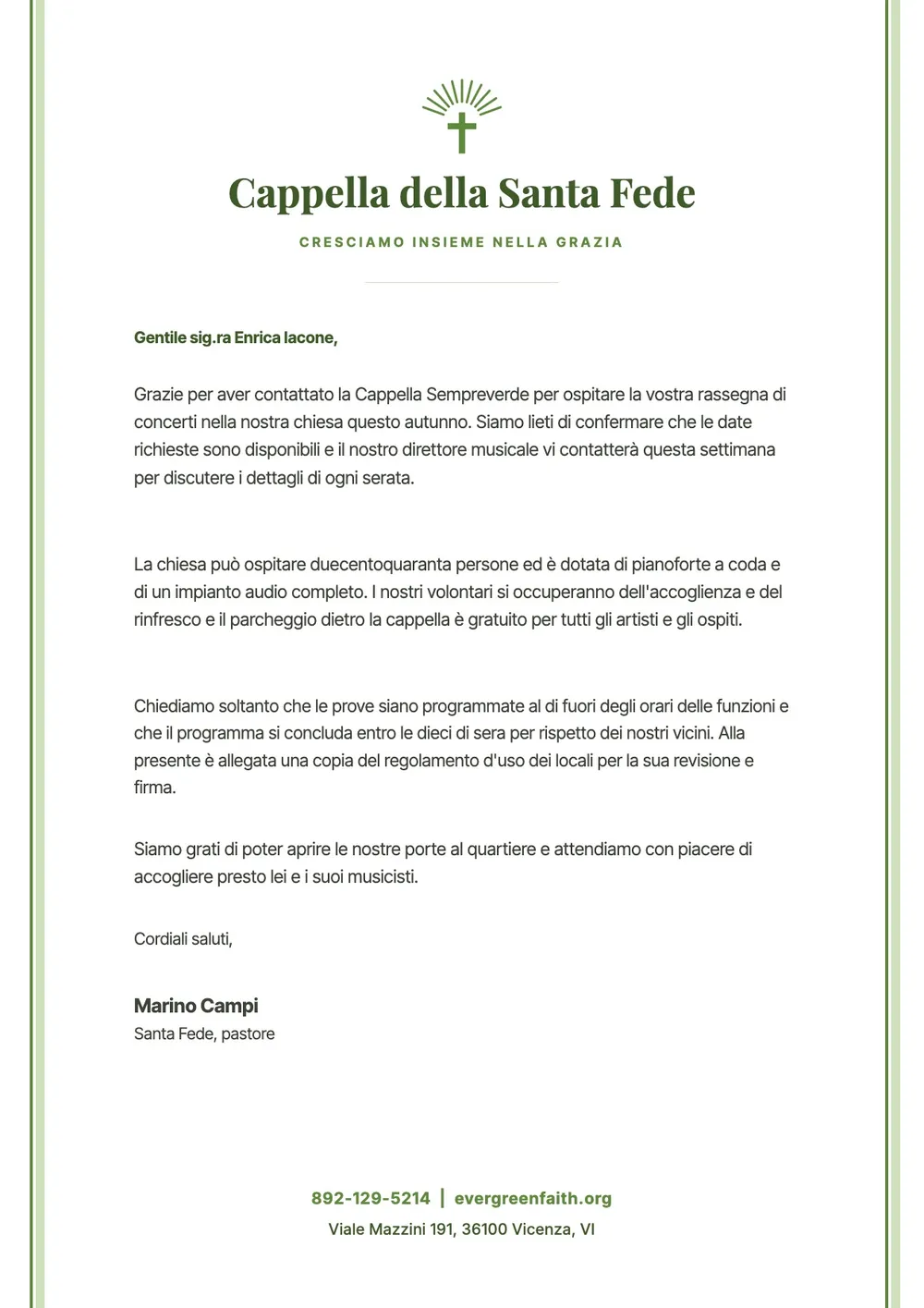 Modello di carta intestata per chiesa sempreverde