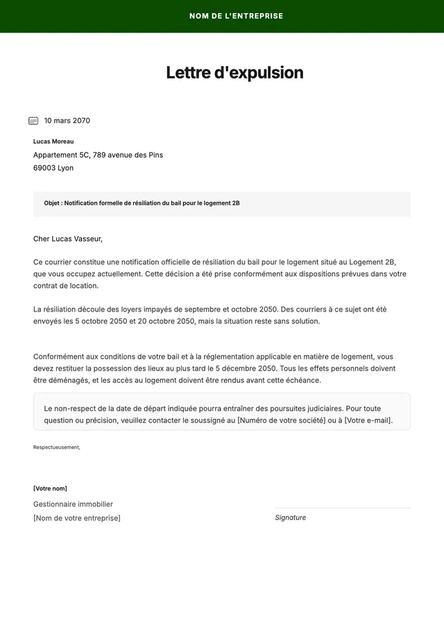 Modèle de lettre d'expulsion