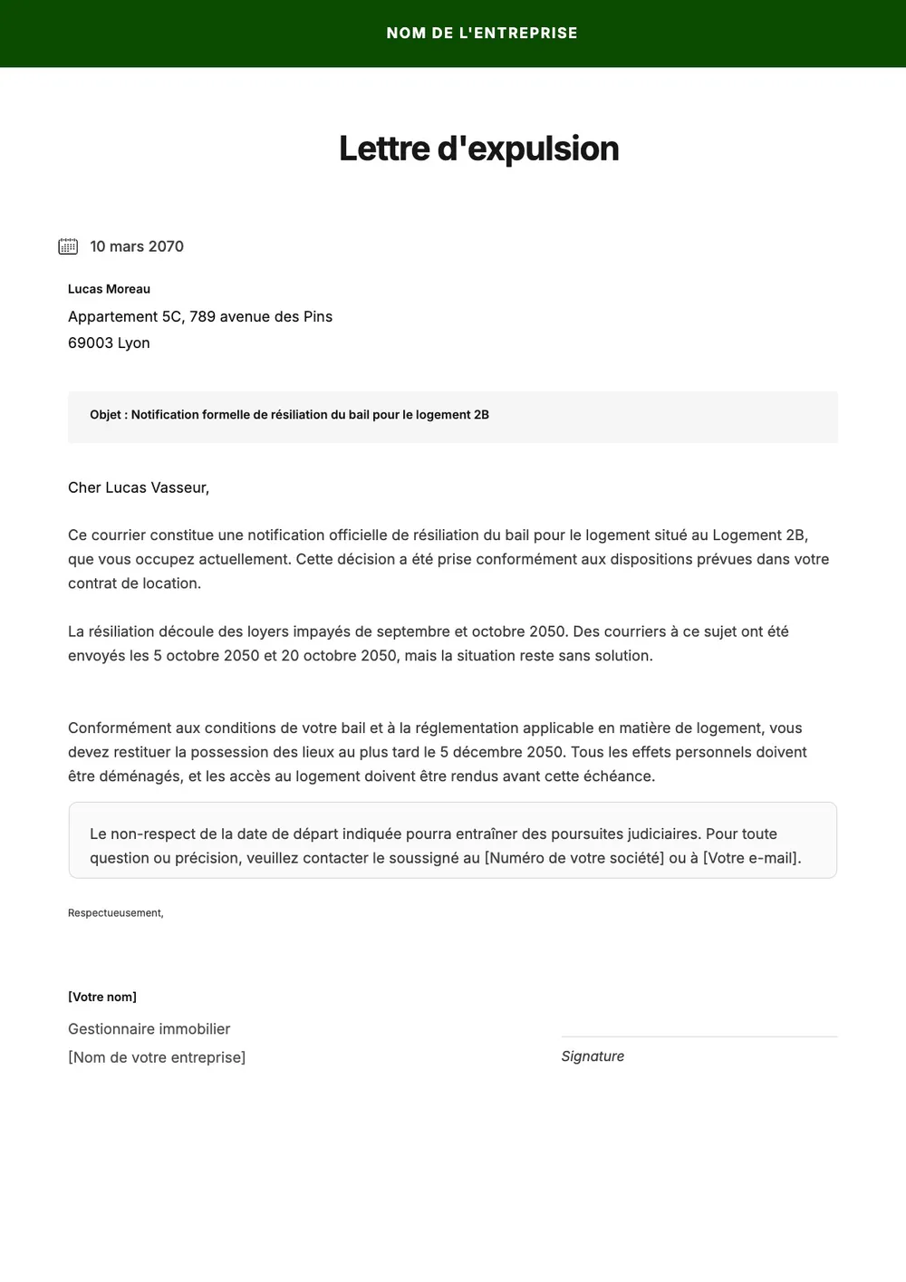 Modèle de lettre d'expulsion