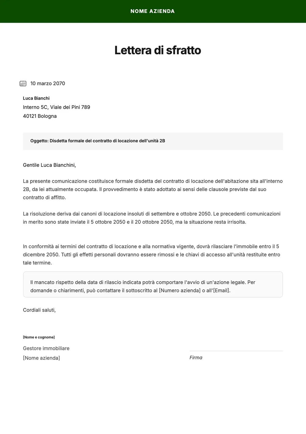 Modello di lettera di sfratto