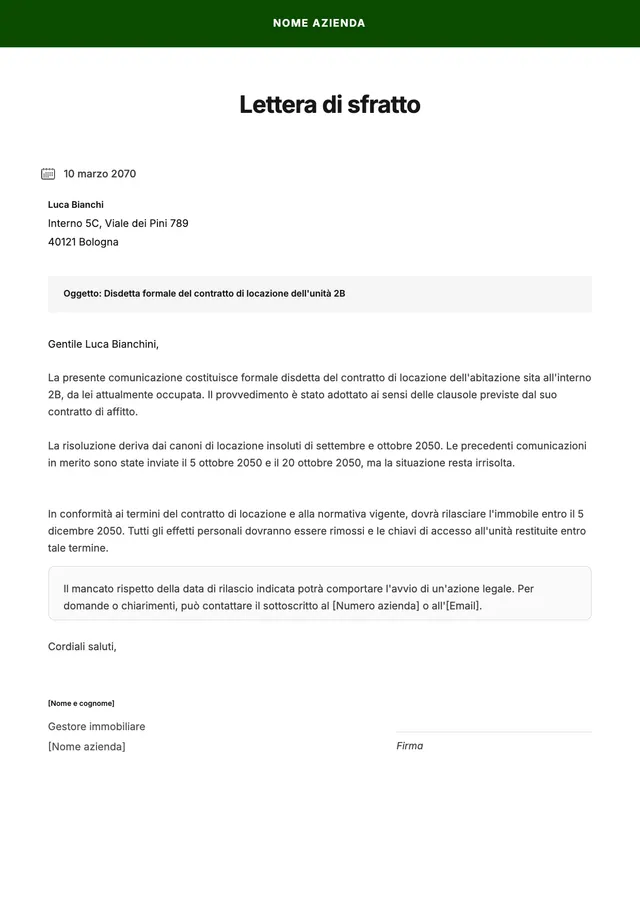 Modello di lettera di sfratto