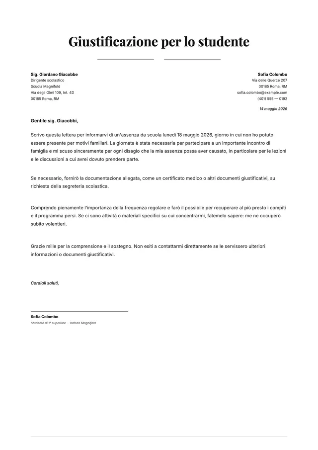Lettera di giustificazione per assenza scolastica