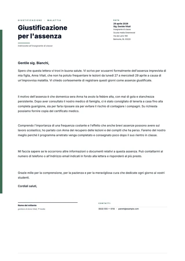 Lettera di giustificazione scolastica per malattia