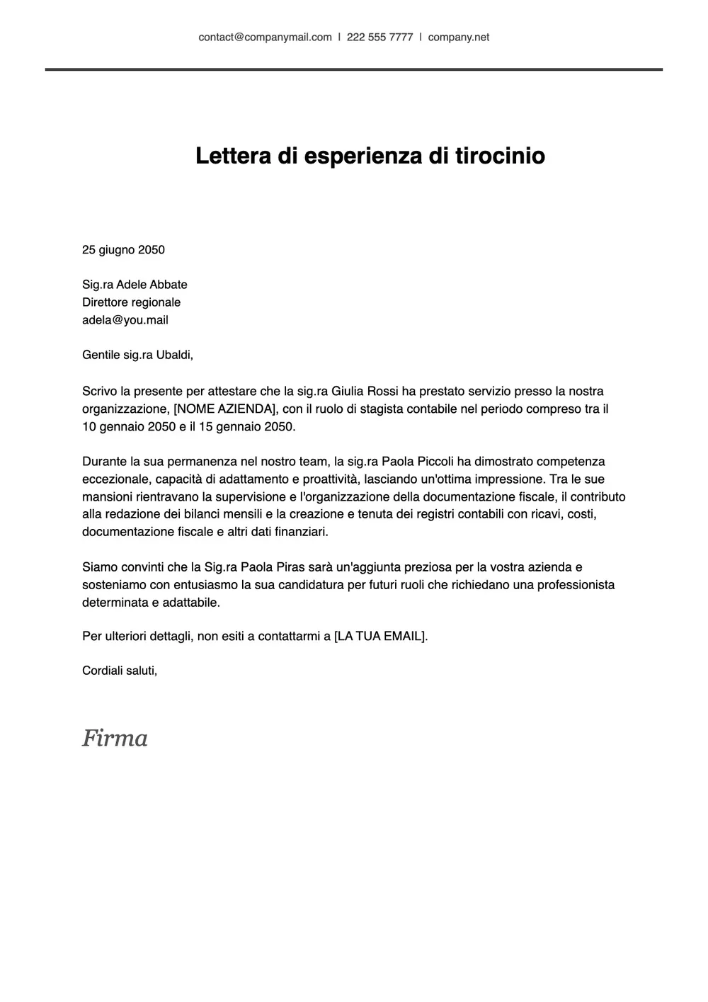 Modello di lettera di esperienza lavorativa
