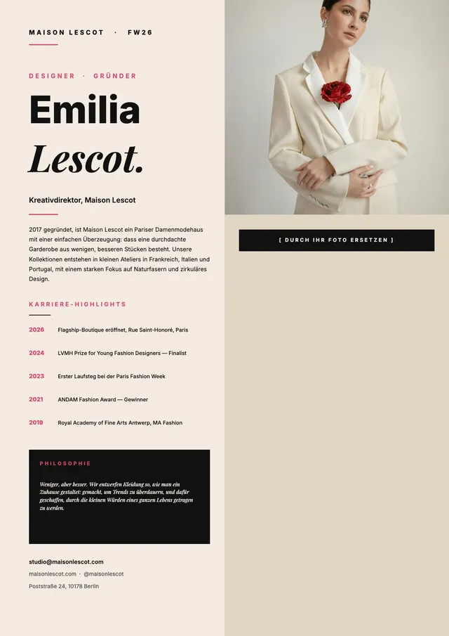 Biografie für Modedesigner