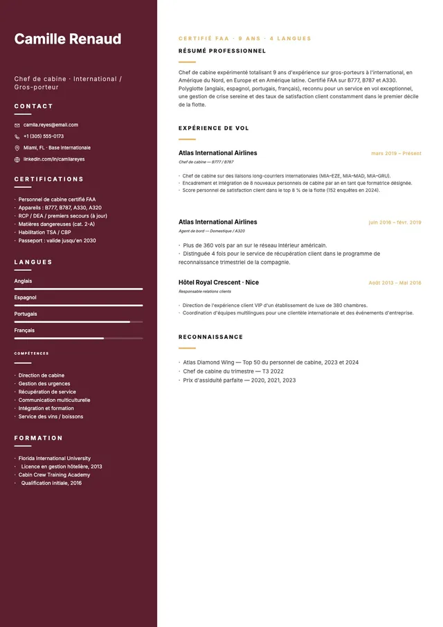 Modèle de CV d'hôtesse de l'air
