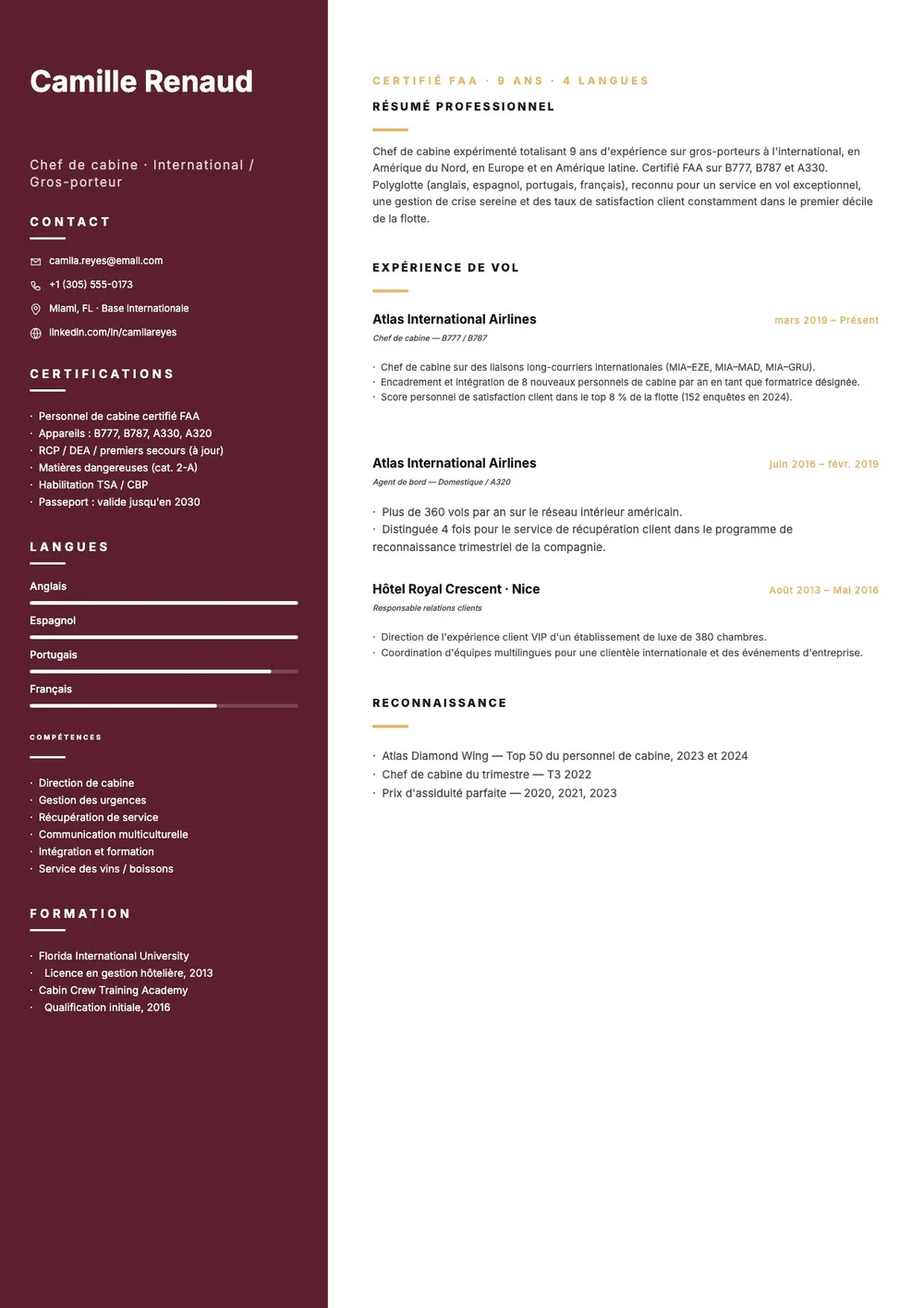 Modèle de CV d'hôtesse de l'air