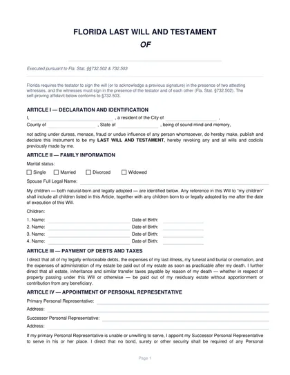 florida last will and testament form