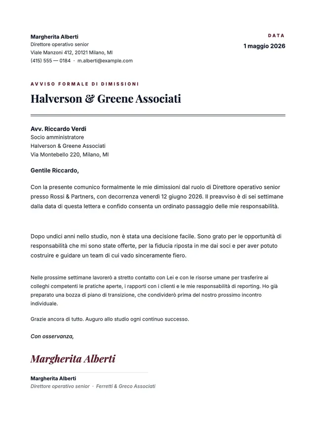 Lettera di dimissioni formale