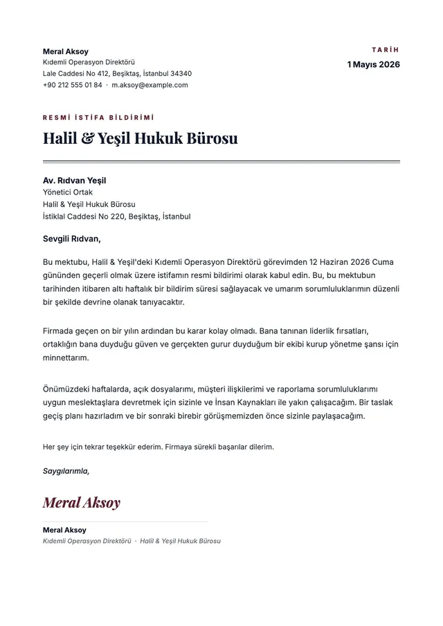 Resmî istifa dilekçesi