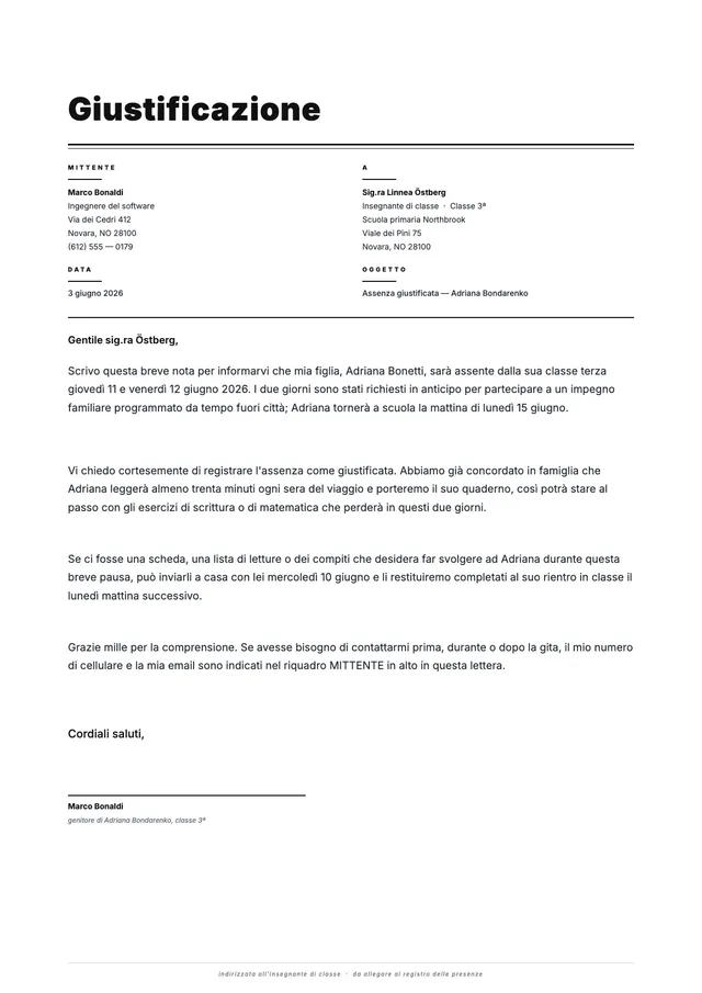 Lettera di giustificazione scolastica formale
