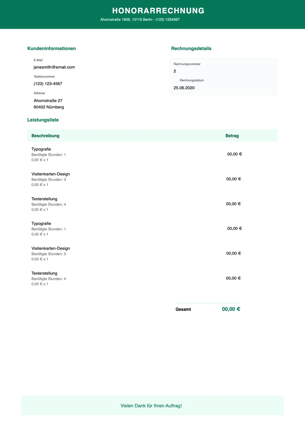 Rechnungsvorlage für Freelancer