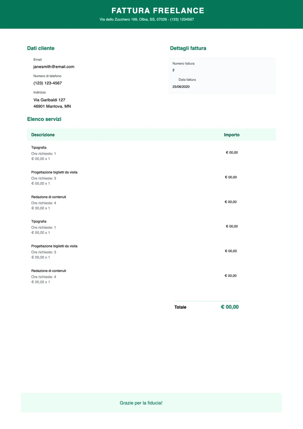 Modello di fattura per freelance