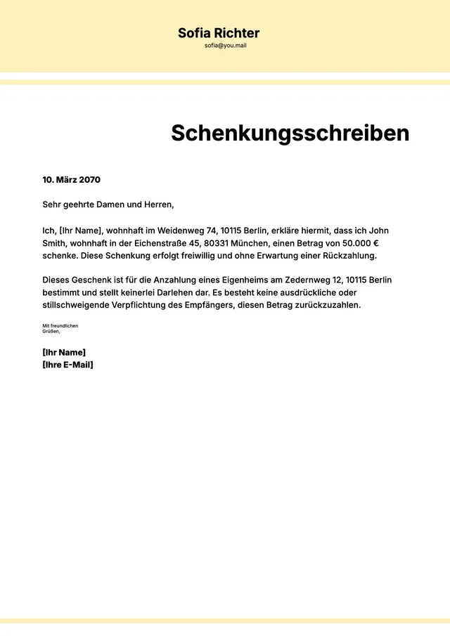 Vorlage für Schenkungsbestätigung