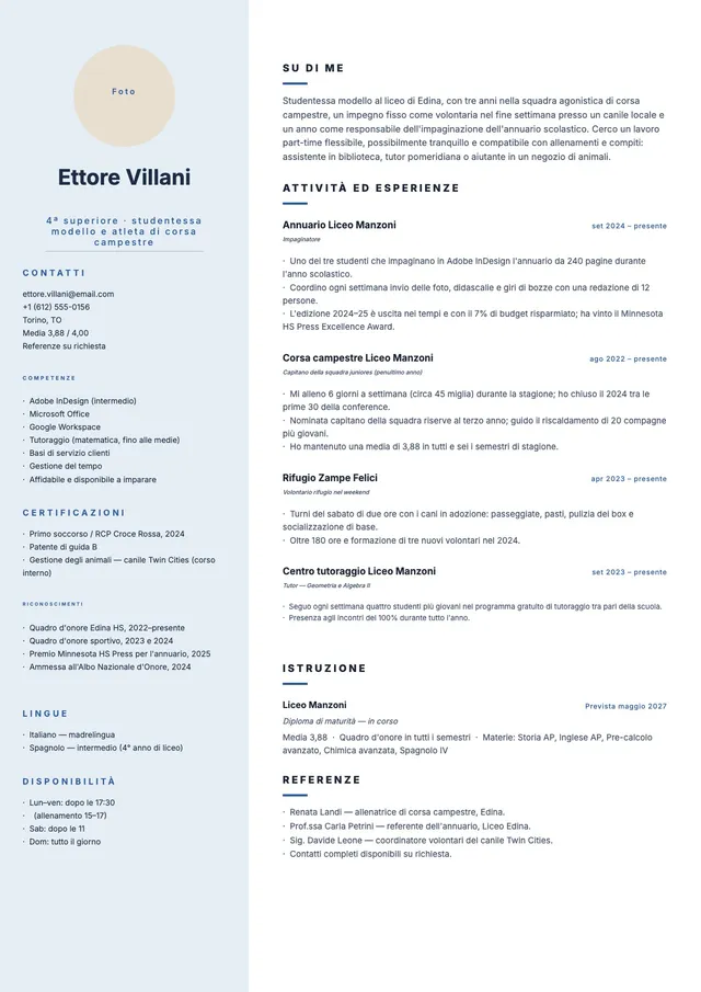 Curriculum per studenti del quarto anno delle superiori