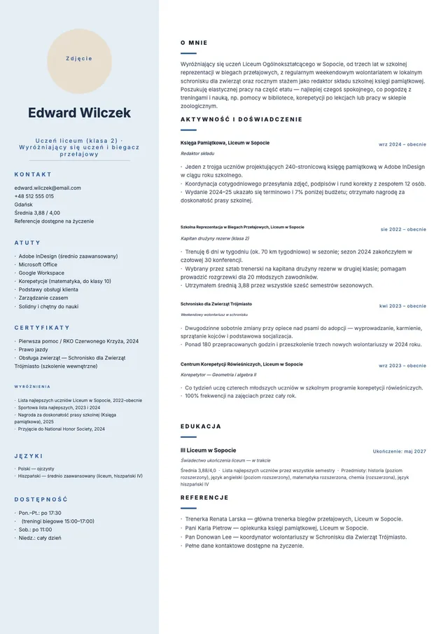 Wzór CV dla ucznia młodszej klasy szkoły średniej