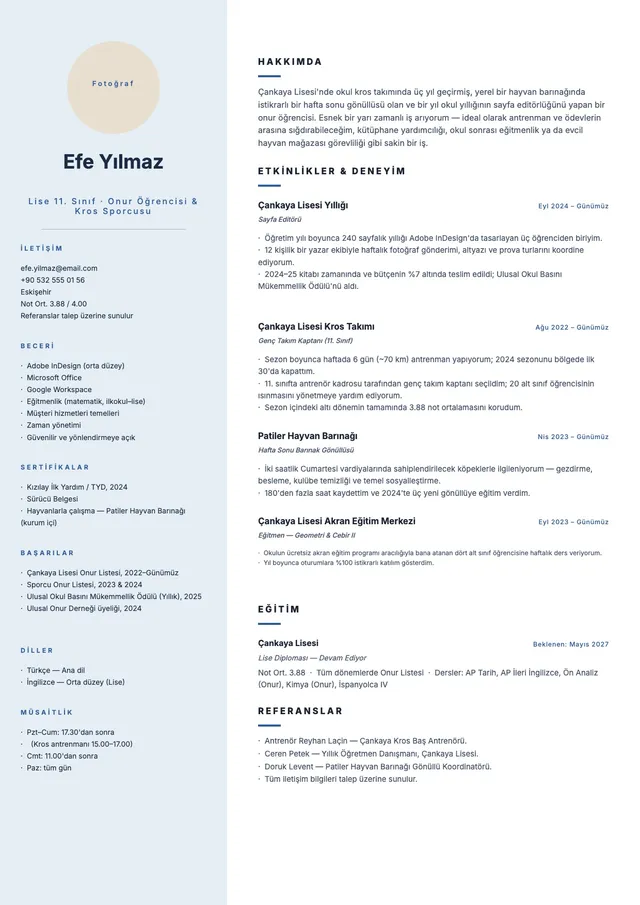 11. sınıf öğrencisi CV'si
