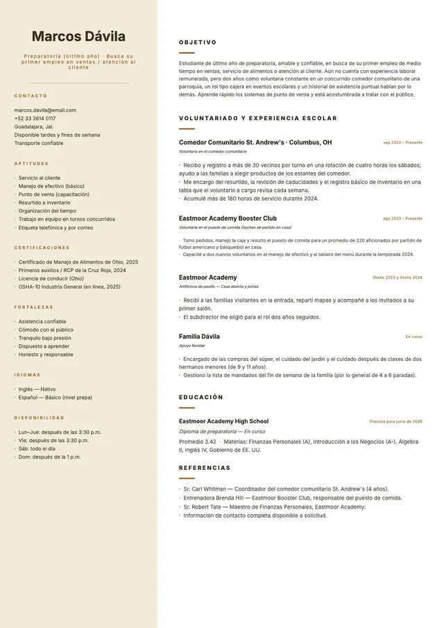 Currículum de estudiante de bachillerato para comercio minorista