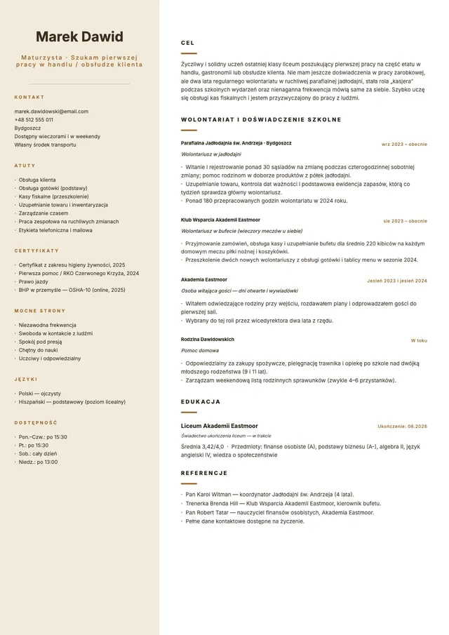 Wzór CV ucznia do pracy w handlu