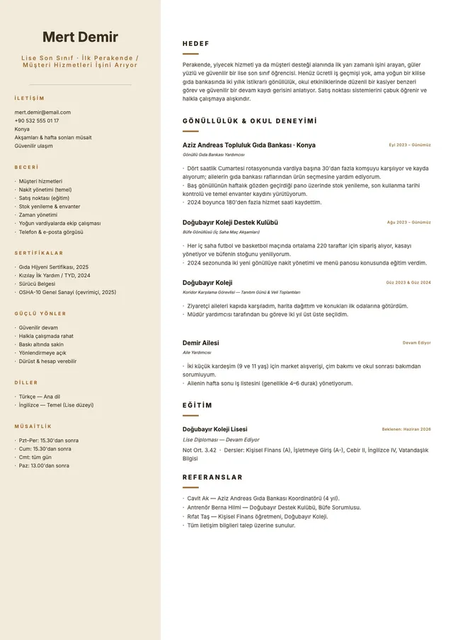 Perakende işi için lise öğrencisi CV'si