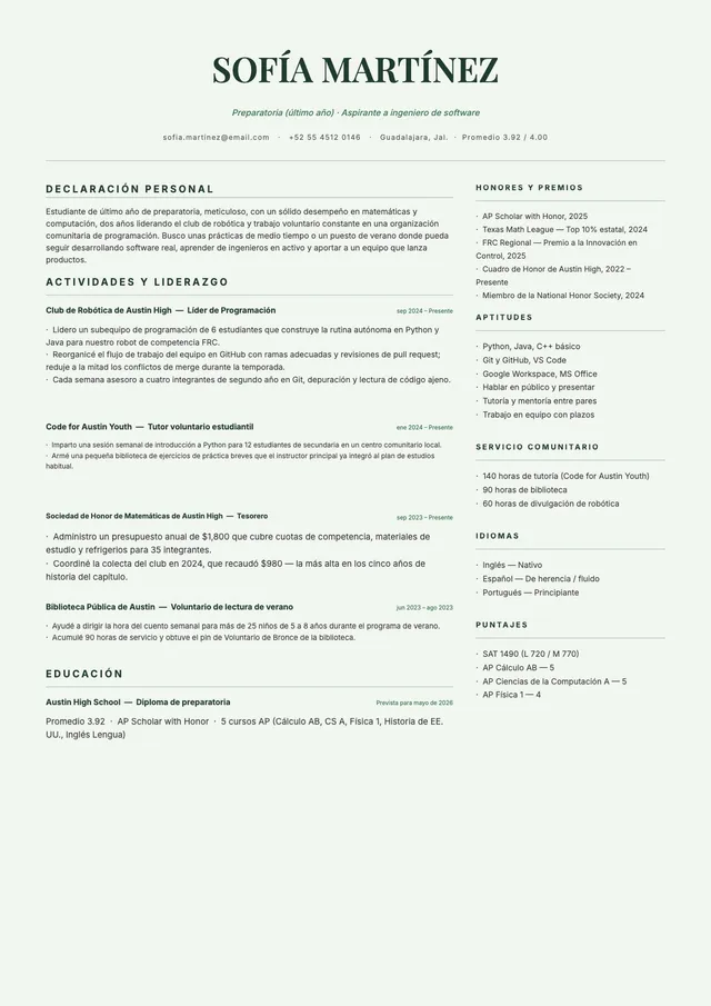 Currículum para estudiantes de último año de bachillerato