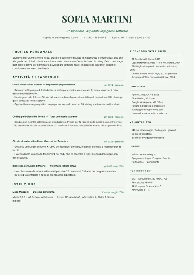 Curriculum per studenti dell'ultimo anno delle superiori
