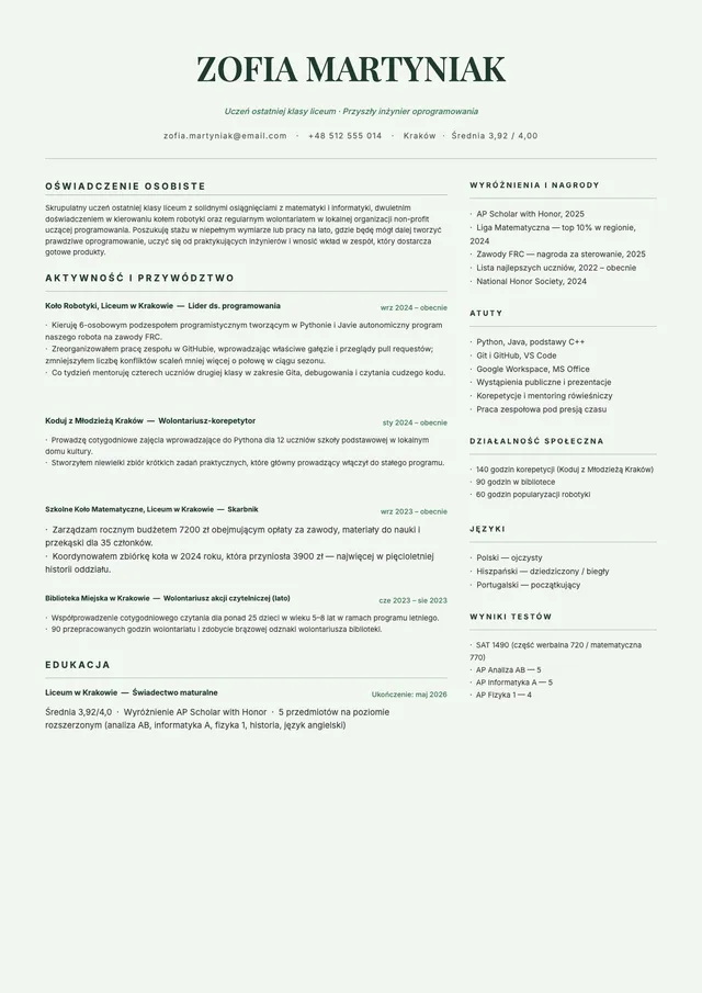 Wzór CV dla ucznia ostatniej klasy szkoły średniej