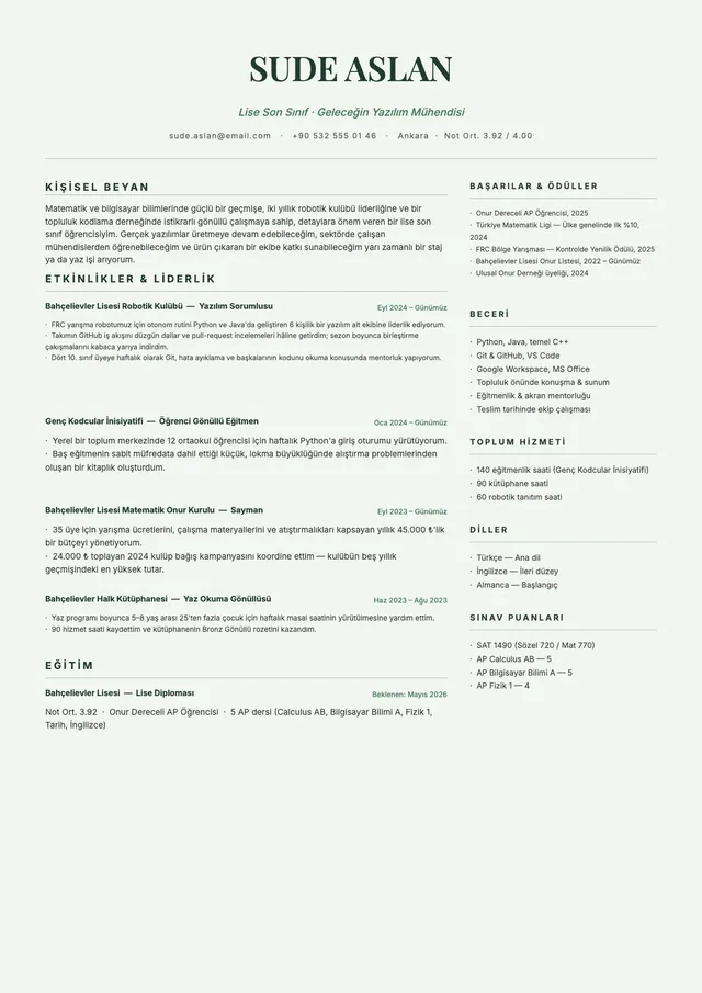 12. sınıf öğrencisi CV'si