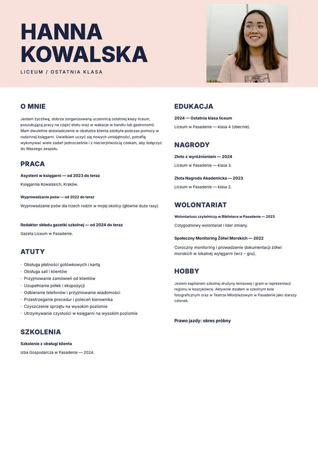 Wzór CV dla ucznia szkoły średniej