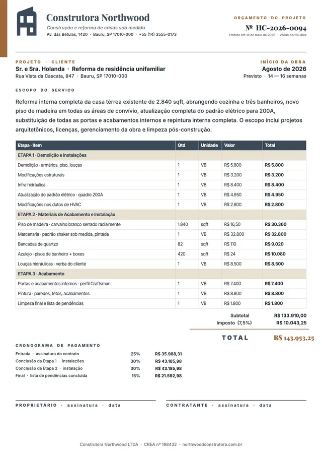 Modelo de orçamento de construção residencial