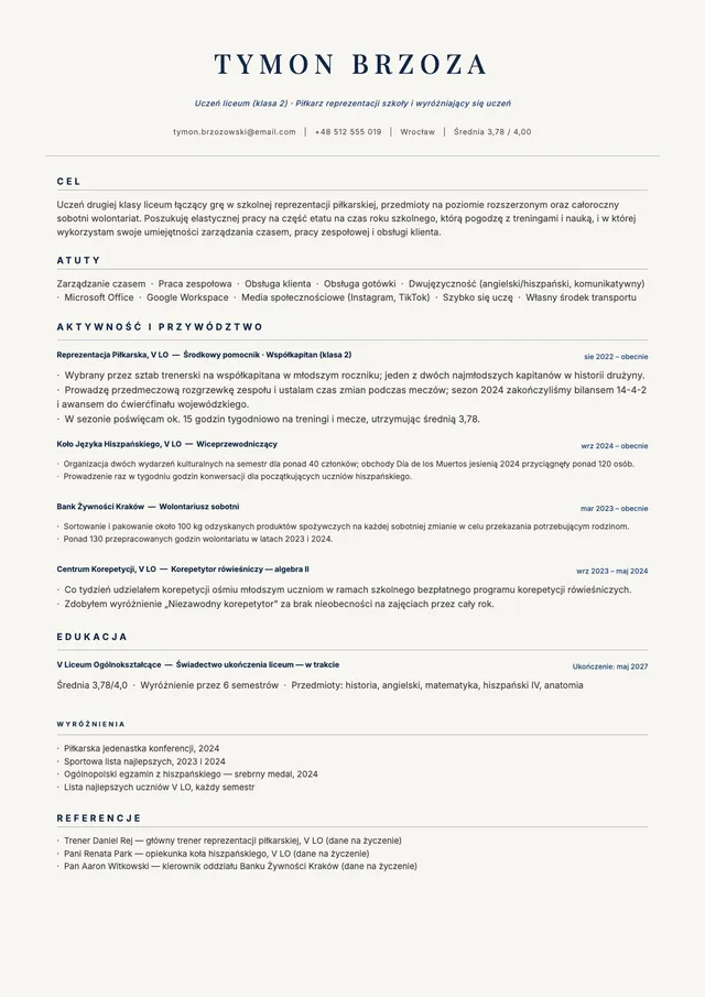 Wzór CV dla ucznia z wyróżnieniem