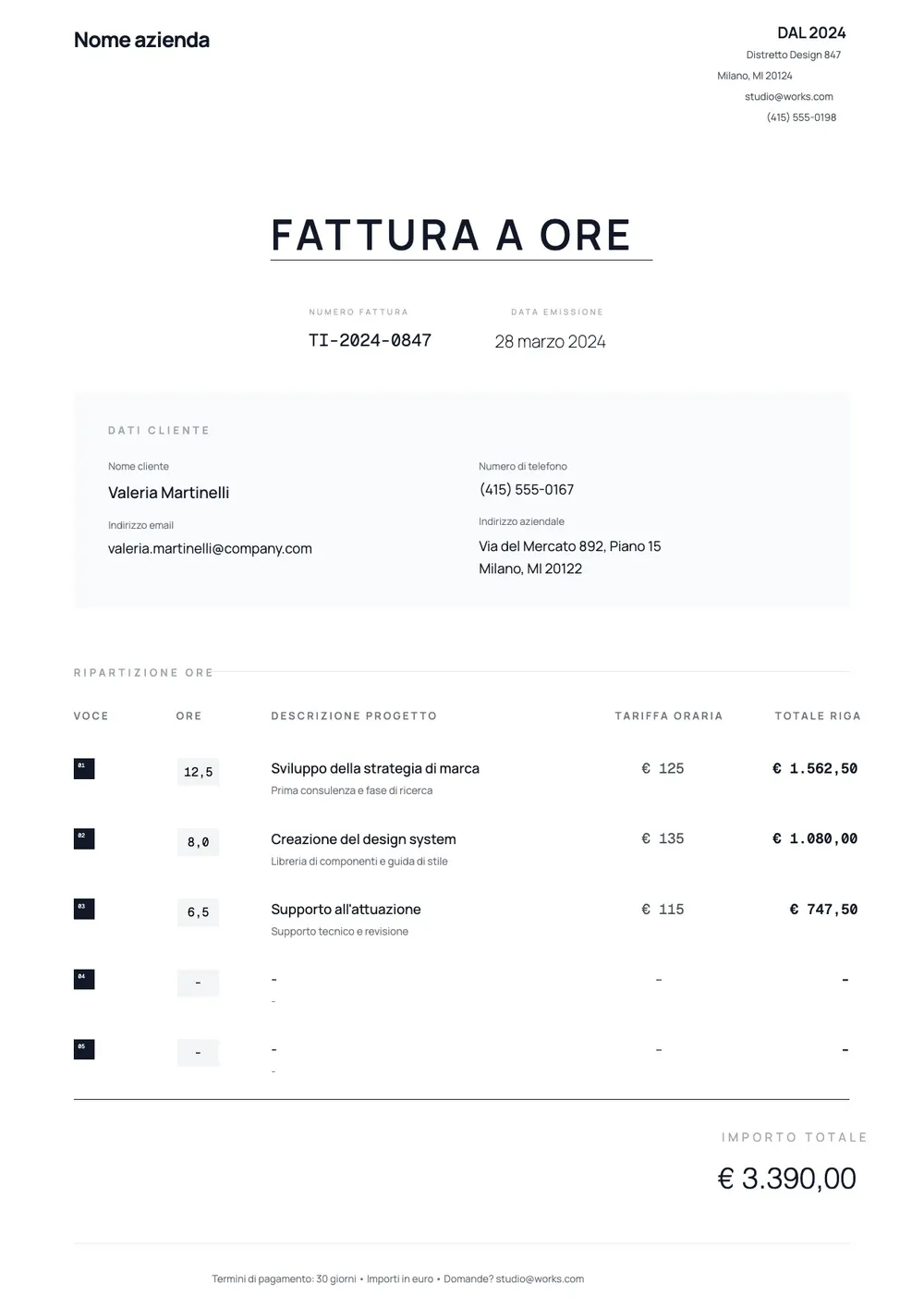 Modello di fattura oraria