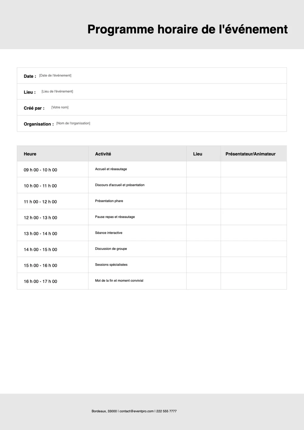 Modèle de planning horaire