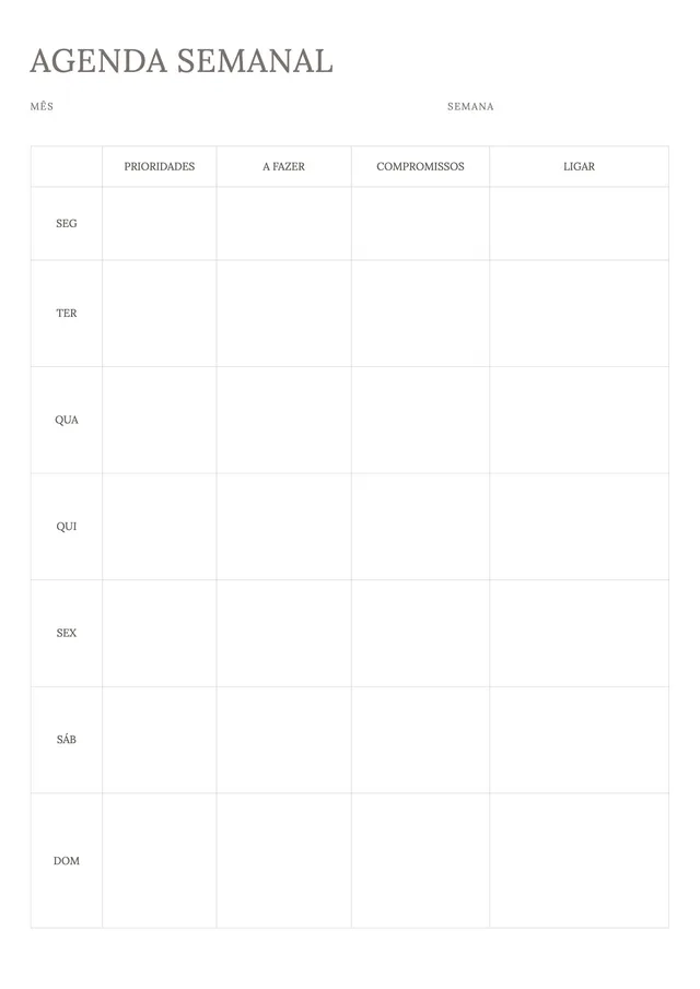 Modelo de cronograma semanal com horários