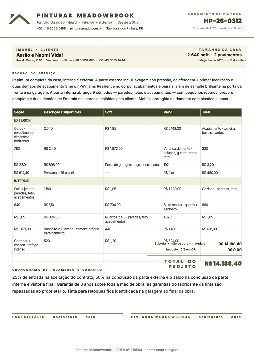 Modelo de orçamento de pintura residencial